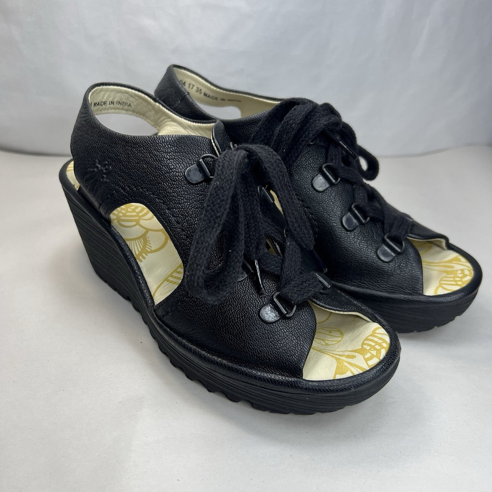 FLY London Ylfa Black Slingback Lace Up Wedge Sandals Comfort Size EU 35 US 5